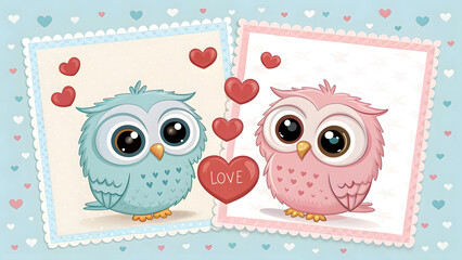 Obraz premium Cute cartoon owl couple holding love heart on Valentine's Day card with pink background