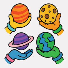 Fototapeta premium Surreal cartoon hands gently holding planet Earth and other celestial bodies in a playful space fantasy vector illustration on white.