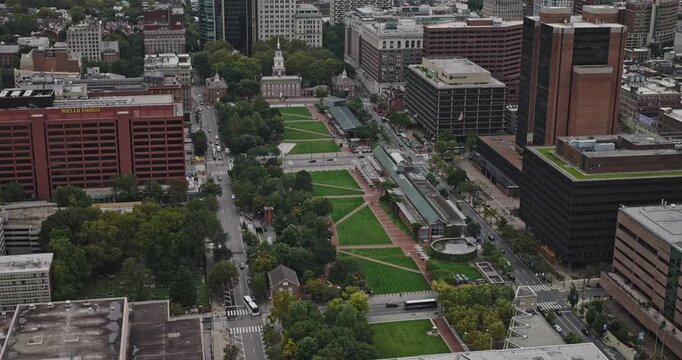 Philadelphia Pennsylvania Aerial v166 birds eye view flyover capturing Independence Hall, historical park and Center City cityscape under overcast sky - Shot with Inspire 3 8k - Sept 29th 2023