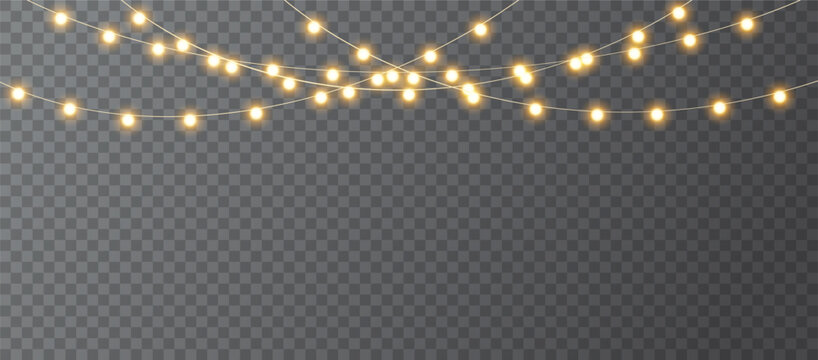 Christmas light garland decoration. Glowing string light element. Bright light bulb design. Vector illustration