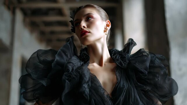 Fashion design studio showcasing a model in a striking black dress against an urban backdrop in a creative setting