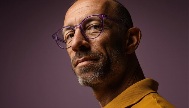 Retrato de un hombre con gafas y expresi&oacute;n seria contra un fondo morado.