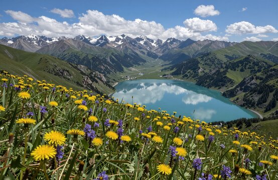 Un lago turquesa rodeado de praderas floridas y monta&ntilde;as nevadas.