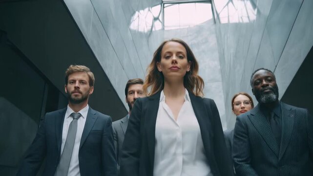 Team of determined professionals standing together in a modern urban setting ready to drive towards success with unwavering tenacity and confidence