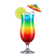 Colorful cocktail drink with umbrella and lime, isolated on white background