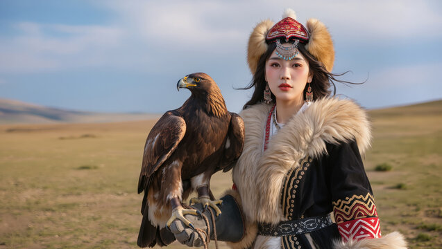 Portrait of a young Mongolian woman in traditional Kazakh eagle hunting attire, fur-trimmed and embroidered, standing on the steppe with a golden eagle, calm pride and living heritage.