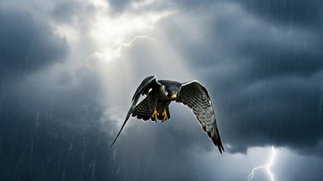 Peregrine Falcon diving through storm clouds