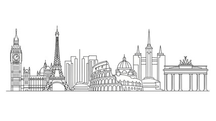 Fototapeta premium Line art illustration of famous landmarks from around the world.