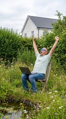 Freelancer working on laptop in garden featuring laptop, garden, work, freelancer, relaxing, working, technology