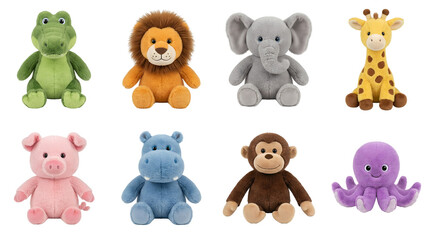 Fototapeta premium Stuffed animal plush toy set including crocodile, lion, elephant, giraffe, pig, hippo, monkey, and octopus isolated. Wild and domestic animal collection for kids.
