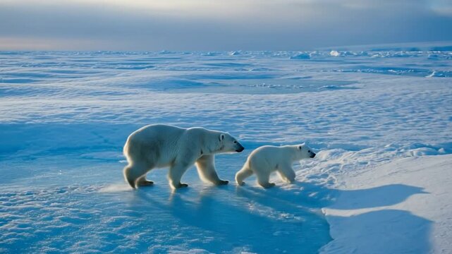 Polar bear mother and cub walk across blue sea ice