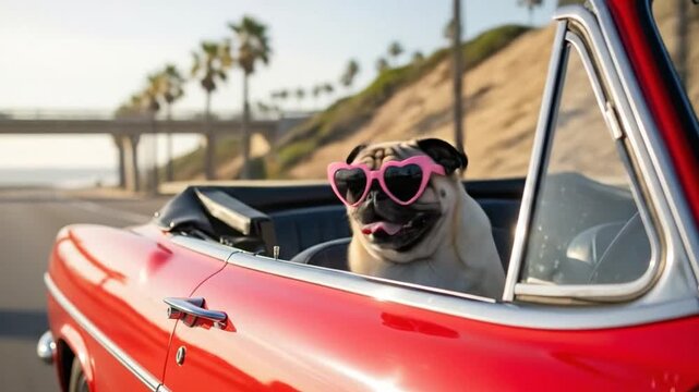 Pug wearing heart sunglasses driving in red convertible car