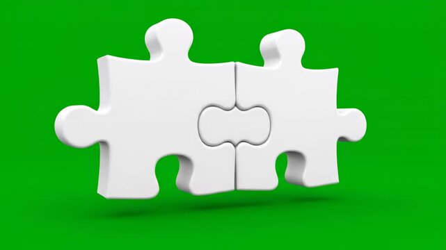 Isolated clean shot of two pure white three dimensional puzzle elements rapidly assembling against a pure vibrant green screen background ready for keying action, three, shot
