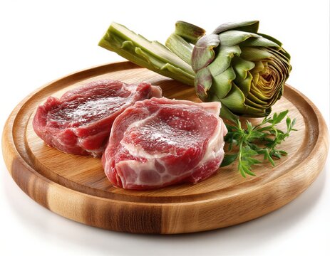 Dos chuletas de cerdo sobre una tabla de madera con alcachofa y perejil fresco.