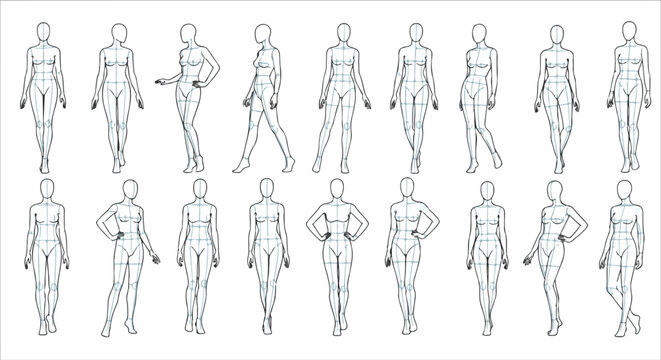 Vector fashion croquis template set, female body outlines in various poses, black and white line art for clothing design, isolated on white