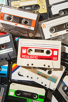 close up of vintage audio cassette tapes 