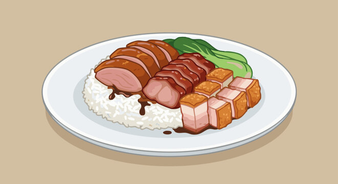Three Treasure Rice
Flat vector illustration of Hong Kong three-treasure rice, roast duck, char siu, crispy pork on rice, neat arrangement, flat vector food icon style,