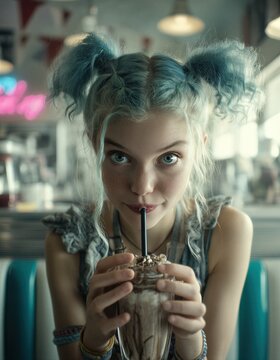 Una joven con el pelo azul bebe un batido en un ambiente retro.