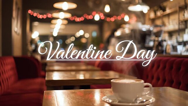 Warm, romantic bokeh lighting illuminates a cozy cafe interior displaying the script text 'valentine day.'