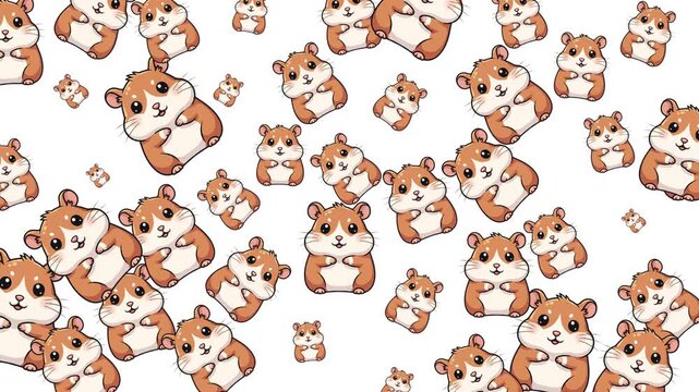Seamless pattern of cute hamster animation, designed in a playful and fun style, perfect for digital backgrounds, textiles, or creative projects