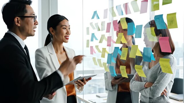 Business team discussing sticky notes