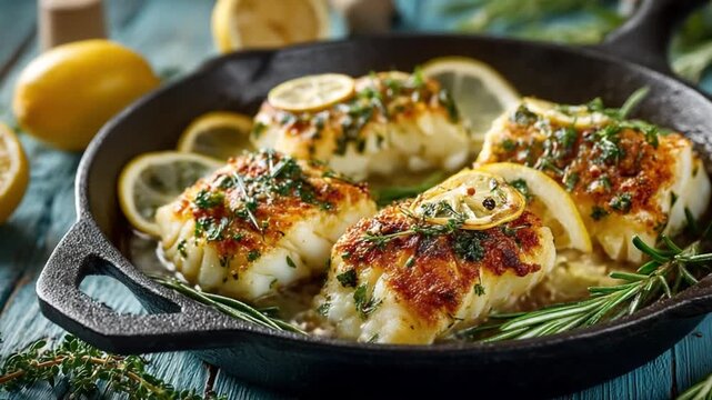 Golden Delight: Grilled fish fillets, elegantly arranged in a cast-iron skillet and garnished with lemon slices and fresh herbs.
