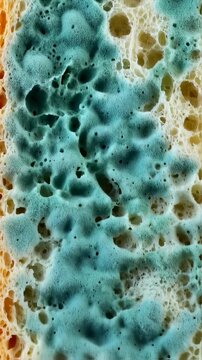 Close-up of a bread slice heavily infested with blue-green mold, showing texture, pores, and color gradients