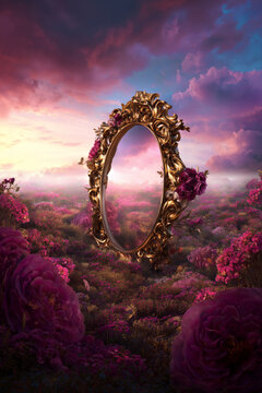 Marco de espejo dorado ornamentado en campo de flores rosas y moradas atardecer m&aacute;gico, Fondo de publicidad marco de espejo dorado y flores para banner premium, Portal m&aacute;gico de cuento de hadas 