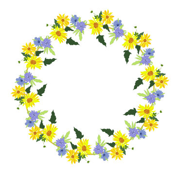 Cornice concentrica con girasoli e malva, illustrazione vettoriale isolata