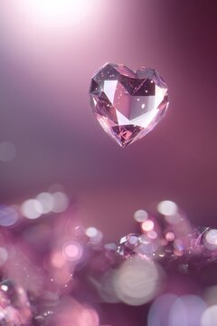 Coraz&oacute;n de cristal brillante sobre fondo rosa morado con bokeh, Amor elegante brillante para san valent&iacute;n o compromiso lujoso, Fondo de lujo para publicidad de marca de joyer&iacute;a o cosm&eacute;tica premium