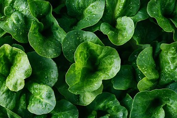Obraz premium Fresh and Vibrant Green Lettuce Leaves with Raindrops on Natural Background