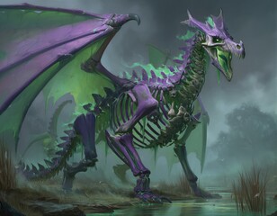 Un drag&oacute;n esquel&eacute;tico con membranas aladas brillantes emerge de un pantano brumoso.