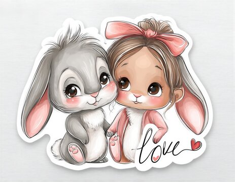 Dibujo de un conejito y una ni&ntilde;a abraz&aacute;ndose con una inscripci&oacute;n de 'love'