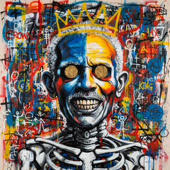 Obraz premium Neo-expressionist street art portrait of a skeleton king with a golden crown and graffiti background.