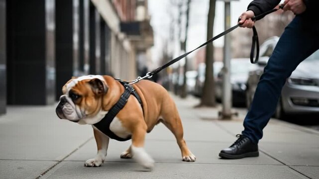 Bulldog sits flat refusing to move as owner pulls leash