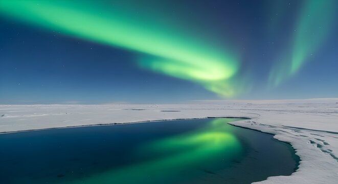 Aurora borealis shines over icy lake and snowy landscape at night