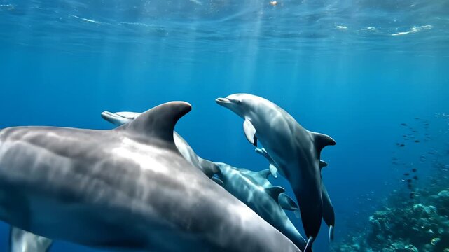 Dolphins swimming underwater in blue ocean