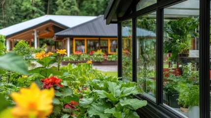 Fototapeta premium Botanical harmony exterior and interior views seamlessly intertwined with verdant plants