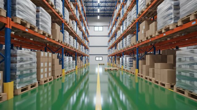 Warehouse interior with stacked goods