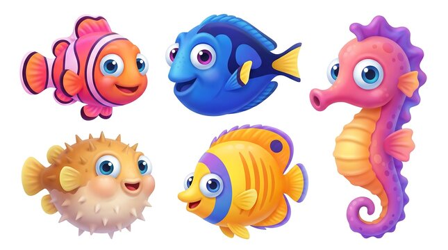 Colorful tropical fish cartoon illustration set featuring vibrant sea creatures with big eyes. Ideal for kids design, educational materials, ocean themes, stickers, games, and playful underwater visua