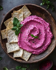 Beetroot hummus with crackers and herbs on dark table. Concept: natural snack, healthy eating, plant-based texture.