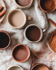 Assorted cups of hot chocolate with cocoa powder and cinnamon on fabric. Concept of comfort, warmth, winter drinks and cozy atmosphere.
