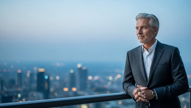 Pensive mature businessman with distinguished silver hair overlooks a sprawling city skyline from a high balcony