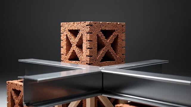 Arrangement of concrete blocks, bricks, and l beams, showcasing construction materials and industrial design.