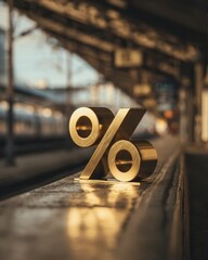 Shiny golden percent symbol standing on railway station platform with blurred moving train in background. Concept of finance, travel discounts, transport economy and investment in mobility.