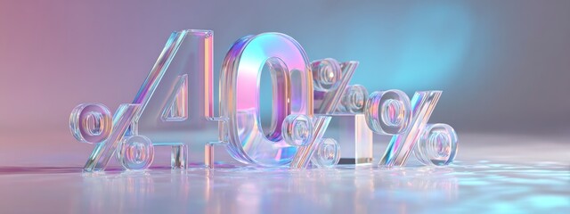 Glassy 40 percent discount sign with sharp crystal edges on soft light background, concept of high-value luxury sale or promotion.  banner 