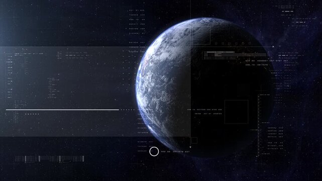 Cinematic view of Earth from space with a clean futuristic HUD overlay, blending real planetary detail with sci-fi interface elements for aerospace, surveillance, and exploration themes