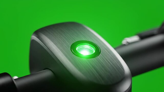 Isolated close-up shot of an electric scooter's indicator light turning green on a pure chroma key green screen indicating successful activation and readiness digital assets, isolation, turning green