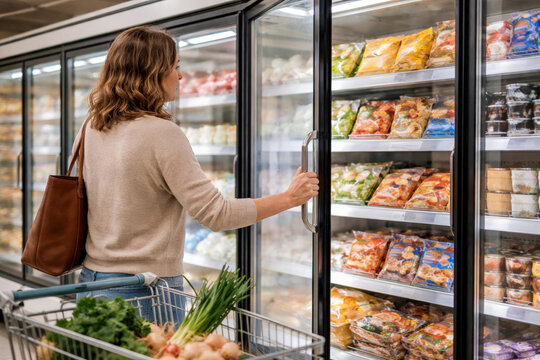 photo of a woman opening a glass freezer door in a modern supermarket, selecting frozen food products. Cool lighting, neutral tones, and a practical everyday mood illustrate convenience, food storage