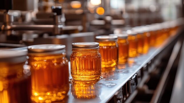 Jars filled with amber liquid travel along a factory conveyor belt. Machine in the blurred background